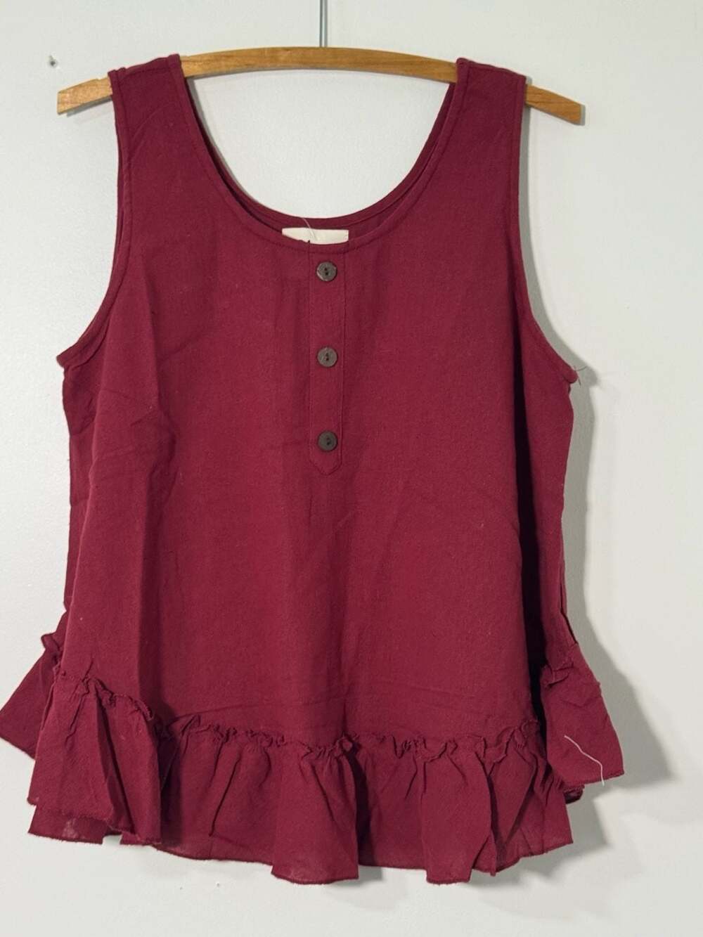 Rhea Maroon Sleeveless Top with Button and Ruffle Detail
